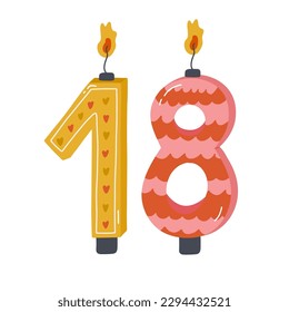 Cute hand drawn birthday candle numbers with burning flames in scandinavian style. Decoration for holiday cake for celebration 18-year anniversary of birthday, wedding. Stylized vector clipart.