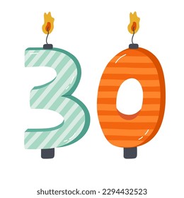 Cuidados números de velas de cumpleaños dibujados a mano con llamas ardientes al estilo escandinavo. Decoración de pasteles de vacaciones para la celebración de 30 años de cumpleaños, boda. Piloto vectorial estilizado.