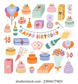 Cute hand drawn birthday set. Trendy holiday elements, party decoration, cupcakes, candles, gifts, balloons, party hat. Happy Birthday clipart collection for kid. Symbol of celebration, anniversary.