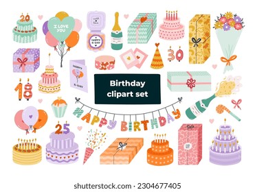 Cute hand drawn birthday set. Trendy holiday elements, party decoration, cupcakes, candles, gifts, balloons, party hat. Happy Birthday clipart collection for kid. Symbol of celebration, anniversary.