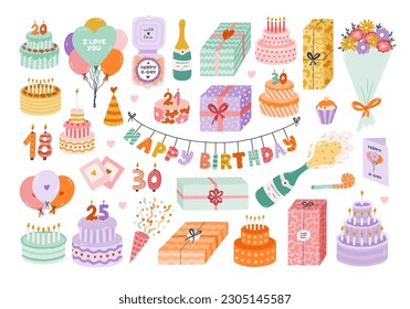 Juego de cumpleaños dibujado a mano. Elementos de vacaciones de moda, decoración de fiestas, quequitos, velas, regalos, globos, sombrero de fiesta. Feliz cumpleaños, colección de clipart para niños. Símbolo de celebración, aniversario.