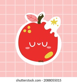 Pegatina de manzana mordida dibujada a mano en un fondo a cuadros para el diseño de impresión. 