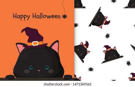 Cute hand drawn black cat halloween banner with seamless pattern set 
