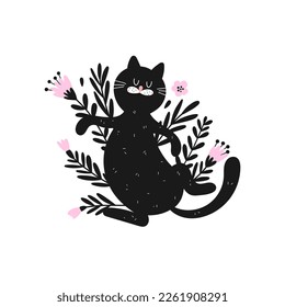 Cute hand drawn black cat lies among pink flowers and black leaves. Fashion design of funny kitten in doodle style in vector. Perfect for print on t shirt or card 