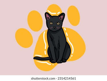 Cute hand drawn black cat, fluffy fur, and exaggerated features. Cute adorable big eyes kitty kitten cat