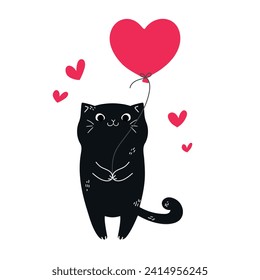 Cute hand drawn black cat with a heart shaped balloon. Valentines Day greeting card. Vector illustration