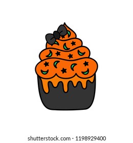 Cute hand drawn black cupcake vector illustration. Halloween themed and decorated cupcake with orange frosting and moon and star sprinkles, isolated.