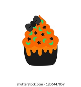 Cute hand drawn black cupcake vector illustration. Halloween themed and decorated cupcake with orange frosting and green moon and black star sprinkles and black ribbon bow, isolated.