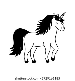 Cute hand drawn black doodle unicorn, isolated on white background. Simple linear illustration of a magical creature for kids' coloring, stickers, or nursery decor.