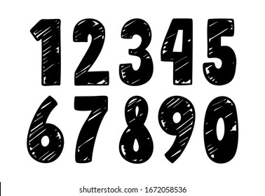 Cute Hand drawn black numbers with hatching from 0 to 9 isolated on a white background. Cartoon kids scandinavian stylized typography numbers. vector illustration for kids poster, card, room.