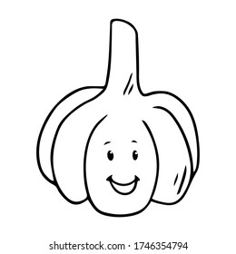 Cute hand drawn black outline smiling head of garlic isolated on a white background. Happy fruit and vegetables cartoon characters concept.