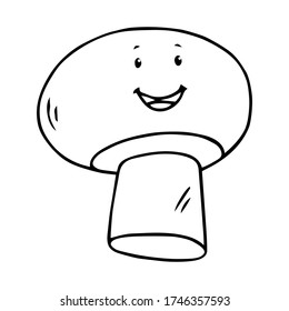 Cute hand drawn black outline smiling mushroom isolated on a white background. Happy fruit and vegetables cartoon characters concept.