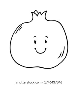 Cute hand drawn black outline smiling pomegranate isolated on a white background. Happy fruit and vegetables cartoon characters concept.