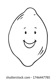 Cute hand drawn black outline smiling lemon isolated on a white background. Happy fruit and vegetables cartoon characters concept.