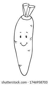 Cute hand drawn black outline smiling carrot isolated on a white background. Happy fruit and vegetables cartoon characters concept.