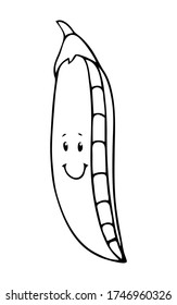 Cute hand drawn black outline smiling green pea isolated on a white background. Happy fruit and vegetables cartoon characters concept.