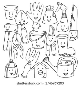 Huerto de contorno negro dibujado a mano 
ilustración vectorial de colección aislada en un fondo blanco. Caricatura de Gardenig herramientas infantiles y 
concepto de equipo.