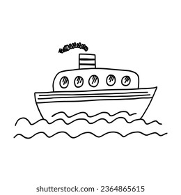 Cute hand drawn black outline doodle ship, steamer, steamboat. Funny sketch sea transport with waves for emblem design, kids books and apps, textile print, logo, tattoo