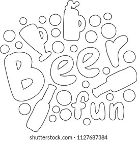 Cute hand drawn black and white vector illustration of beer bottles and glasses with lettering.
