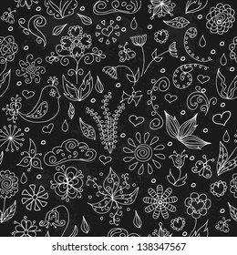 Cute hand drawn black and white summer seamless pattern. Vector illustration.