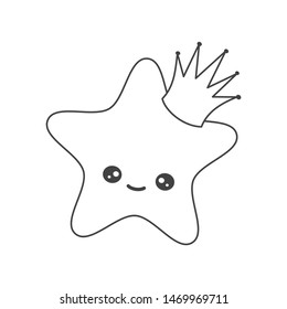 cute hand drawn black and white cartoon star with crown vector illustration for coloring book