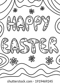 Cute hand drawn black and white lettering happy easter vector illustration for coloring art for adult and children