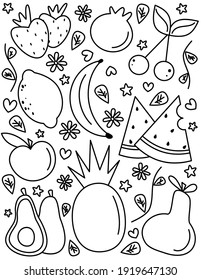 Cute hand drawn black and white fruits, leaves, hearts, stars and flowers vector illustration for coloring art for adult and children