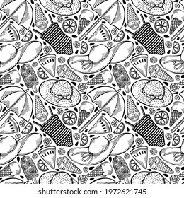 Cute hand drawn black and white seamless summer pattern. Funny doodle elements - watermelon, hats, swimwear, ice cream, citrus. Tropical wrapping paper, textile design. Creative vector illustration