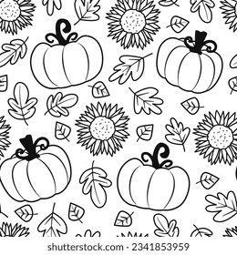 Cute hand drawn black and white autumn fall season seamless vector pattern background illustration with pumpkins, sunflowers and leaves