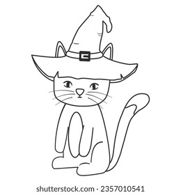 gato de personaje de dibujos animados en blanco y negro dibujado a mano lindo con sombrero de mago graciosa ilustración vectorial de halloween aislado en fondo blanco para arte de colores