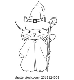 cute hand drawn black and white cartoon character wizard cat funny halloween vector illustration isolated on white background for coloring art