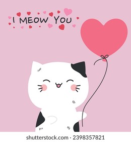 Cute hand drawn black and white cat holding a heart shaped balloon. I meow you. Valentines Day. Vector illustration