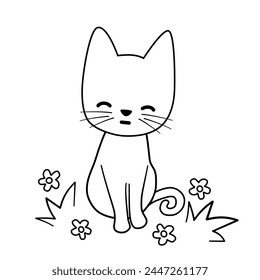 cute hand drawn black and white cartoon character smiling cat in the meadow vector illustration with daisy flowers and grass for coloring art