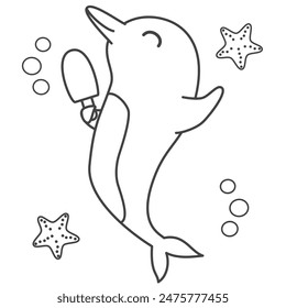 cute hand drawn black and white cartoon character dolphin with ice cream funny summertime vector illustration with bubble and starfish for coloring art
