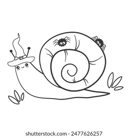 cute hand drawn black and white cartoon character snail with witch hat and black spider funny halloween vector illustration for coloring art