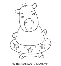 cute hand drawn black and white cartoon character capybara with rubber ring funny summer vector illustration isolated on white background for coloring art