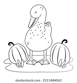 Cute hand drawn black and white cartoon character duck with pumpkins vector illustration isolated on white background for thanksgiving holiday for coloring art