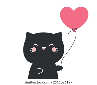 Cute hand drawn black and white cat holding a heart shaped balloon. Vector illustration