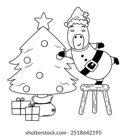 cute hand drawn black and white cartoon character santa claus capybara decorating christmas tree and gift funny winter holiday vector illustration for coloring art