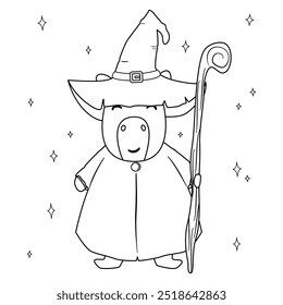 Linda mano dibujada en blanco y negro personaje de dibujos animados mago Capybara Ilustración vectorial de Halloween aislado en el fondo blanco para colorear arte