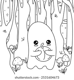 Lindo dibujado a mano en blanco y negro personaje de dibujos animados fantasma con calabaza en el bosque en la noche Vector divertido ilustración de Halloween para colorear libro