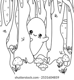 Lindo dibujado a mano en blanco y negro personaje de dibujos animados fantasma en el bosque en la noche Vector divertido Halloween ilustración para colorear libro