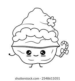 cute hand drawn black and white cartoon character baby walnut with santa claus hat and candy cane funny christmas vector illustration for coloring art