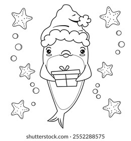 bonitinho mão desenhada preto e branco personagem de desenho animado golfinho com chapéu de Papai Noel e caixa de presente engraçado Natal feriado vetor ilustração com bolha e estrela-do-mar para colorir arte