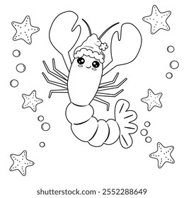 Cute hand drawn black and white cartoon character lobster with santa claus hat funny christmas holiday vector illustration with bubble and starfish for coloring art