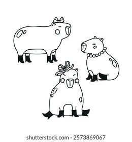 Cute hand drawn black and white illustration set with capybaras dressed in boots and jewelry. Animal vector objects isolated on white. Template for package, gift card, ads design