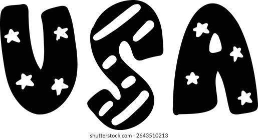 Cute hand drawn black white united states of america usa text word typography doodle illustration patriotic comic theme png icon clipart stars stripes pattern elements