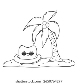 cute hand drawn black and white cartoon character tooth with sunglasses at the beach funny summertime vector illustration for coloring art