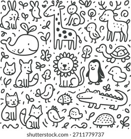 Dibujado a mano lindo patrón de Doodle animal blanco y negro sin costuras