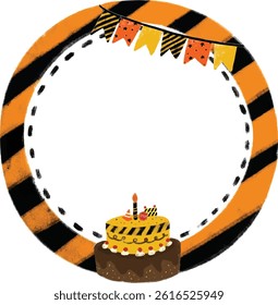 cute hand drawn Blank rounded photo text frame in orange black stripe police line construction work site safety road street circle with happy birthday cake balloons party clipart bunting flag vector